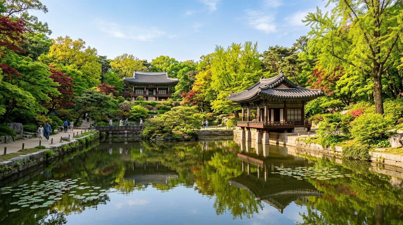 Bright vibrant photorealistic view of Changdeokgung Palace Secret Garden with a calm pond, traditional pavilion, lush trees, soft sunlight, no readable text