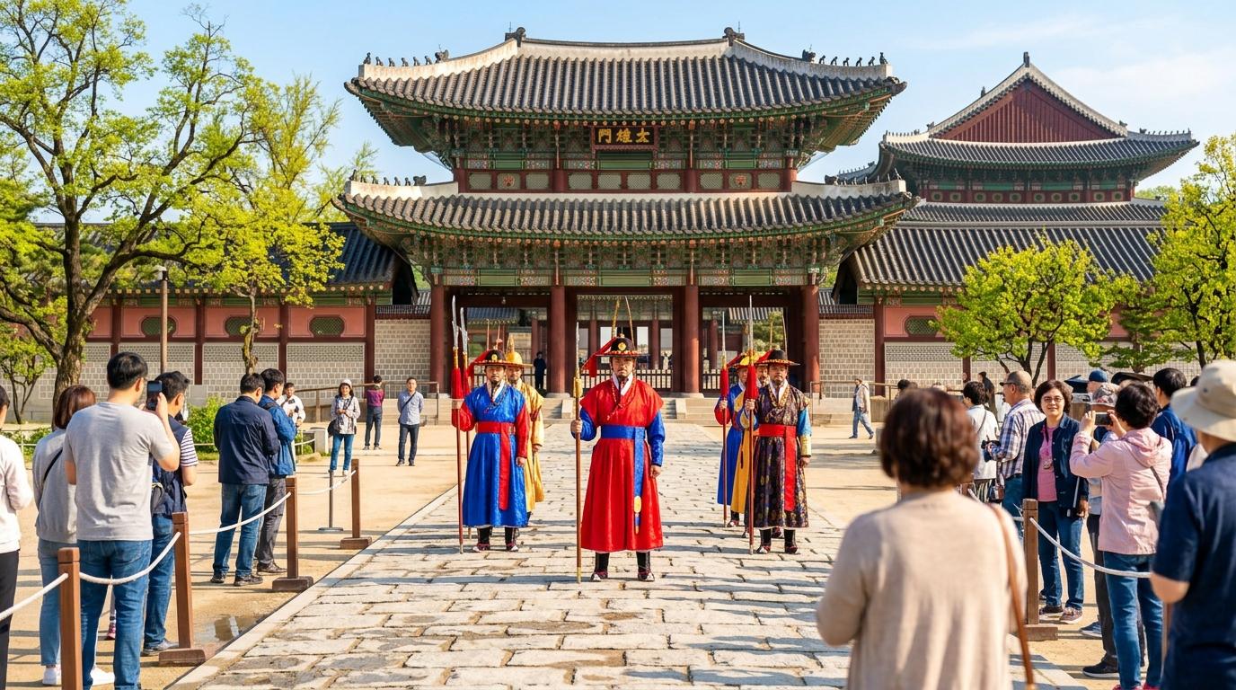 Bright vibrant photorealistic scene of royal guards in colorful traditional uniforms standing before a grand palace gate in Seoul, morning light, tourists watch