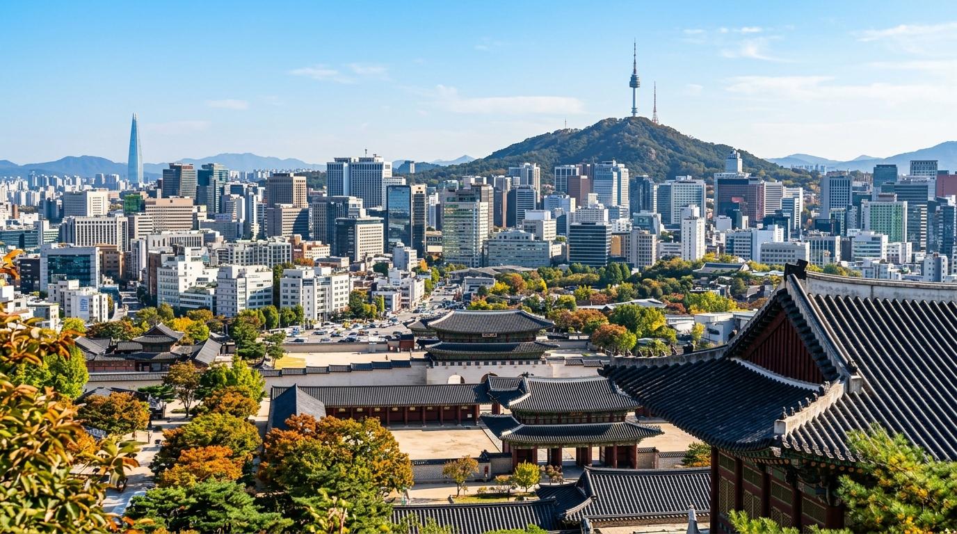 Bright vibrant photorealistic view of Seoul with Gyeongbokgung Palace rooftops in the foreground, modern skyline, N Seoul Tower in the distance, clear blue sky,