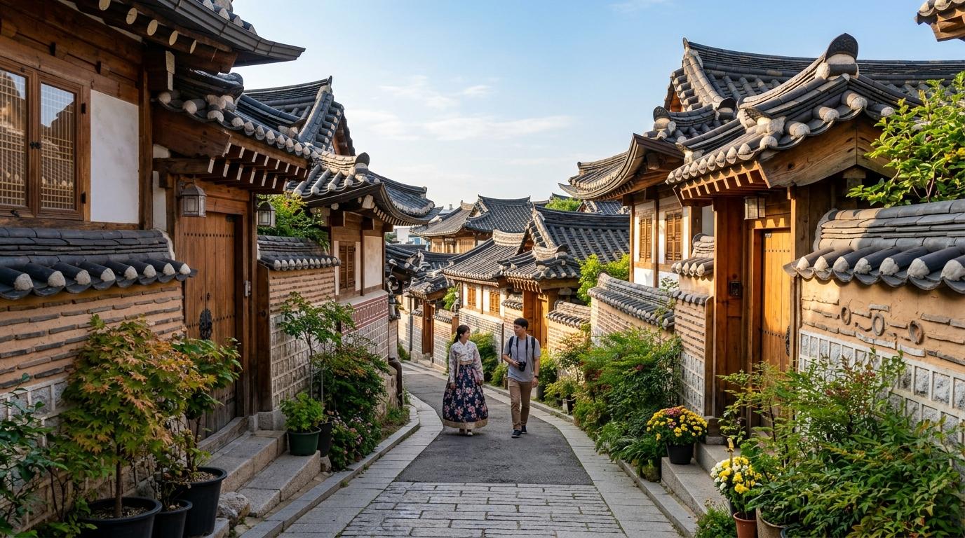 Bright vibrant photorealistic view of a quiet Bukchon Hanok Village alley with tiled roofs, soft morning light, small plants, visitors walking calmly, no readab