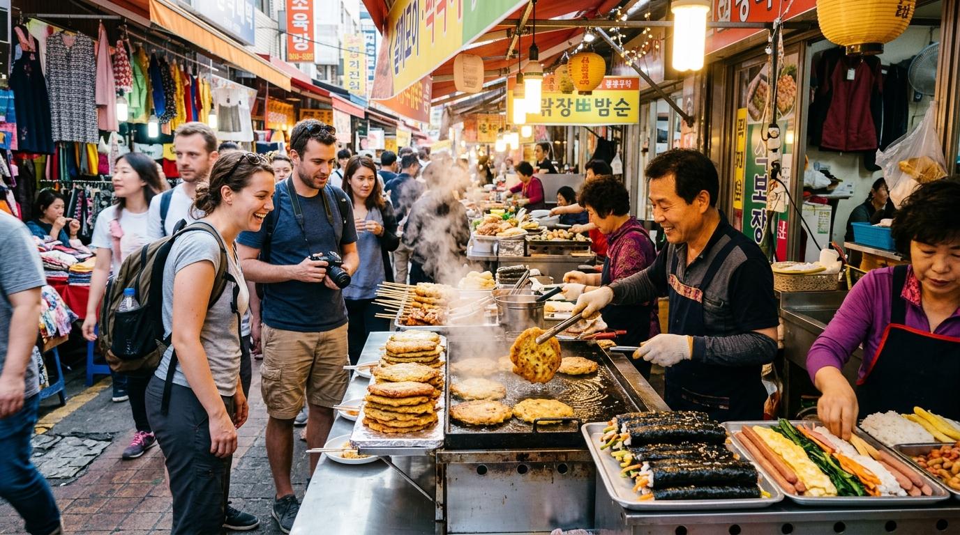 Bright vibrant photorealistic food market scene in Seoul with sizzling mung bean pancakes, gimbap rolls, colorful stalls, steam rising, happy travelers, no read