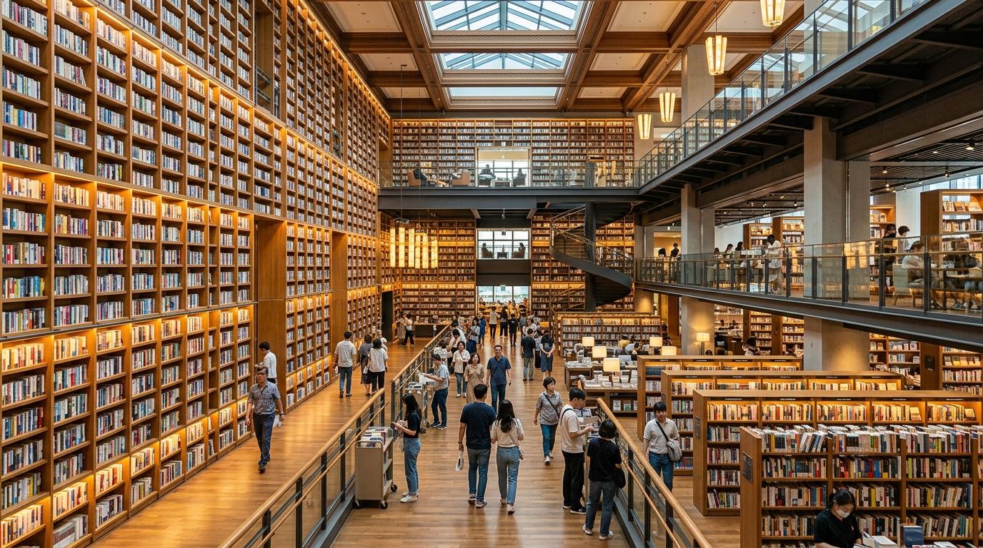 Bright vibrant photorealistic interior of a grand modern library with towering bookshelves, warm lighting, shoppers walking calmly, no readable text
