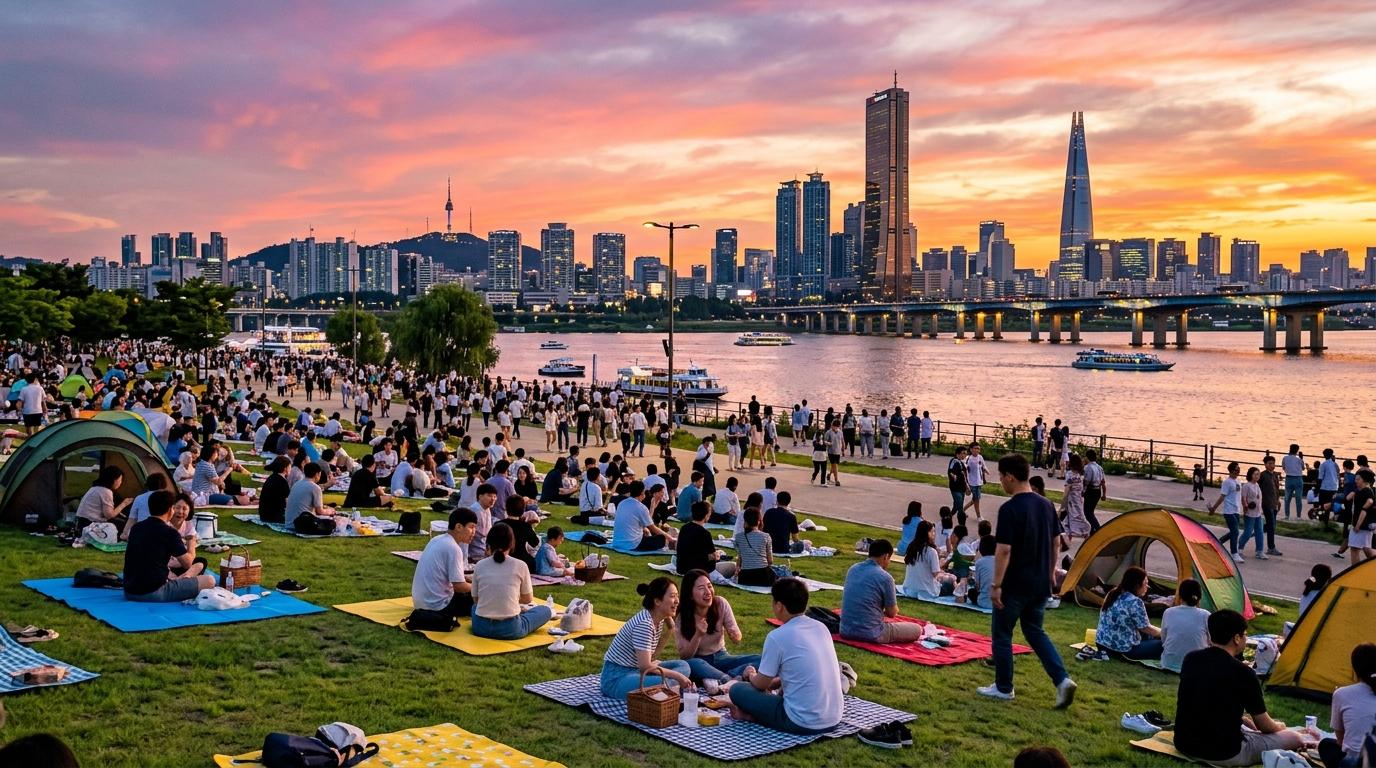 Bright vibrant photorealistic sunset over the Han River with people picnicking in a riverside park, city skyline, colorful sky, no readable text