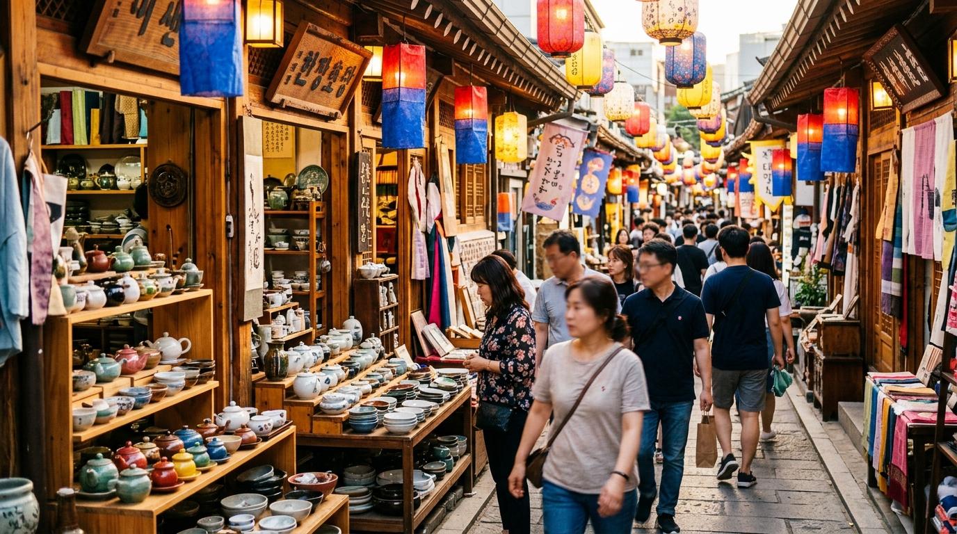 Bright vibrant photorealistic scene of Insadong craft shops with paper lanterns, ceramic displays, tea sets, lively pedestrians, warm afternoon light, no readab