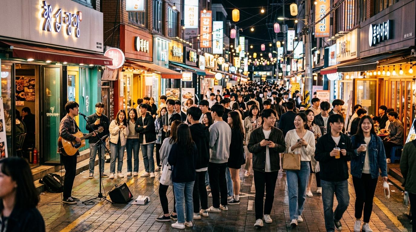 Bright vibrant photorealistic evening street in Hongdae with young crowds, buskers, café lights, casual nightlife atmosphere, no readable text
