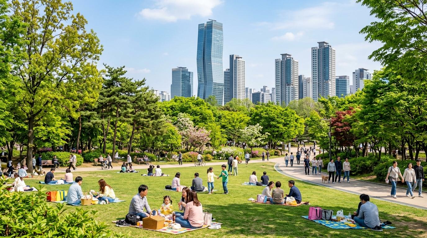 Bright vibrant photorealistic view of Seoul Forest with lush lawns, trees, people picnicking, modern buildings beyond the park, clear spring day, no readable te