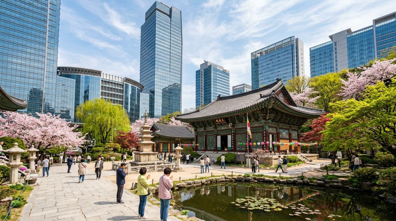 Bright vibrant photorealistic scene of a peaceful Buddhist temple courtyard surrounded by modern glass buildings in Gangnam, spring trees, no readable text