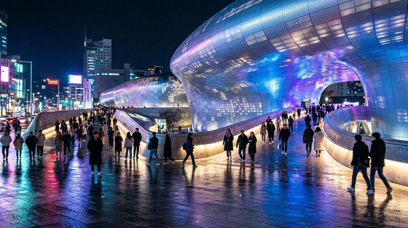 Bright vibrant photorealistic night view of Dongdaemun Design Plaza with glowing futuristic curves, people walking, reflections on smooth pavement, no readable