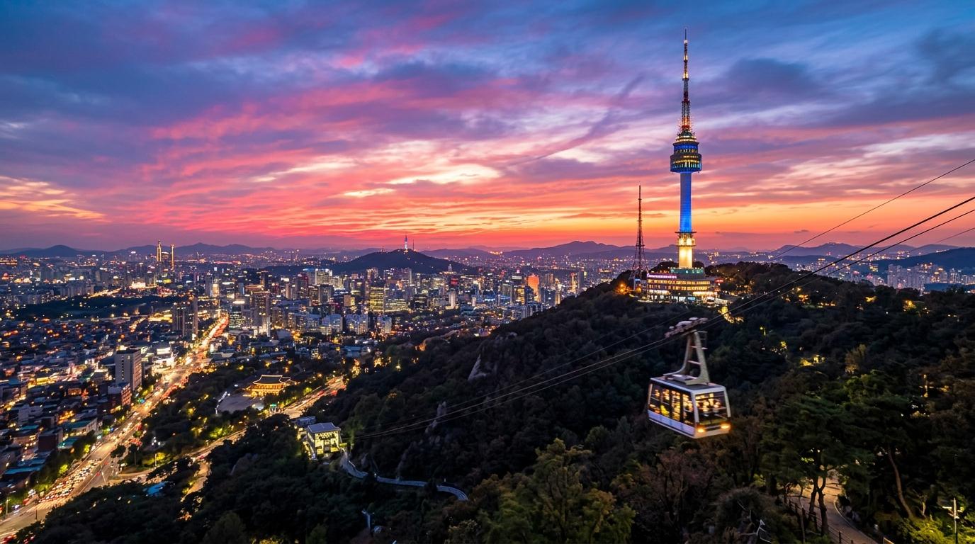 Bright vibrant photorealistic view of N Seoul Tower at twilight with city lights below, cable car in motion, pink and blue sunset sky, no readable text