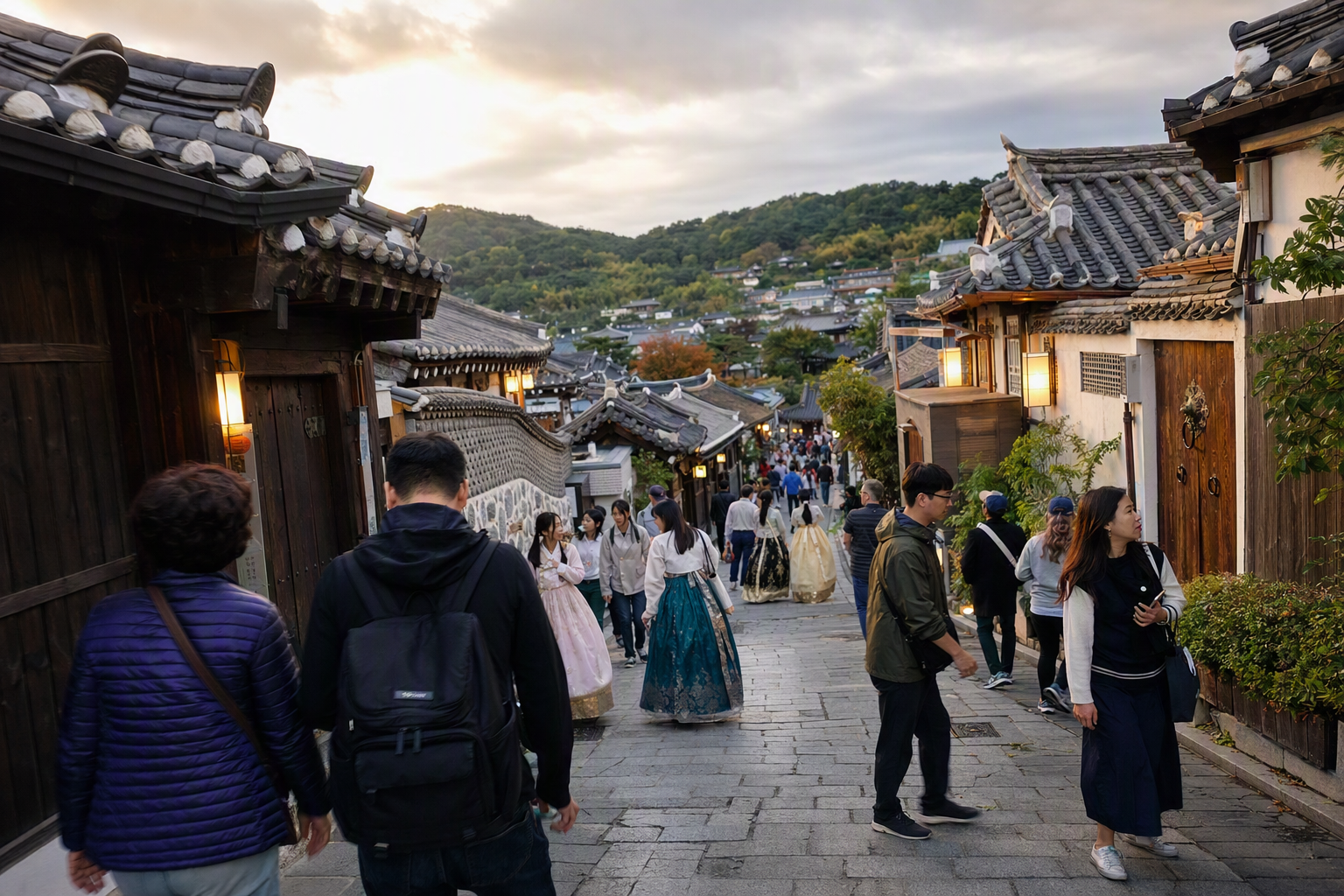 Bright vibrant photorealistic Jeonju Hanok Village street with tiled roofs, warm lanterns, travelers in colorful clothes, no Korean text