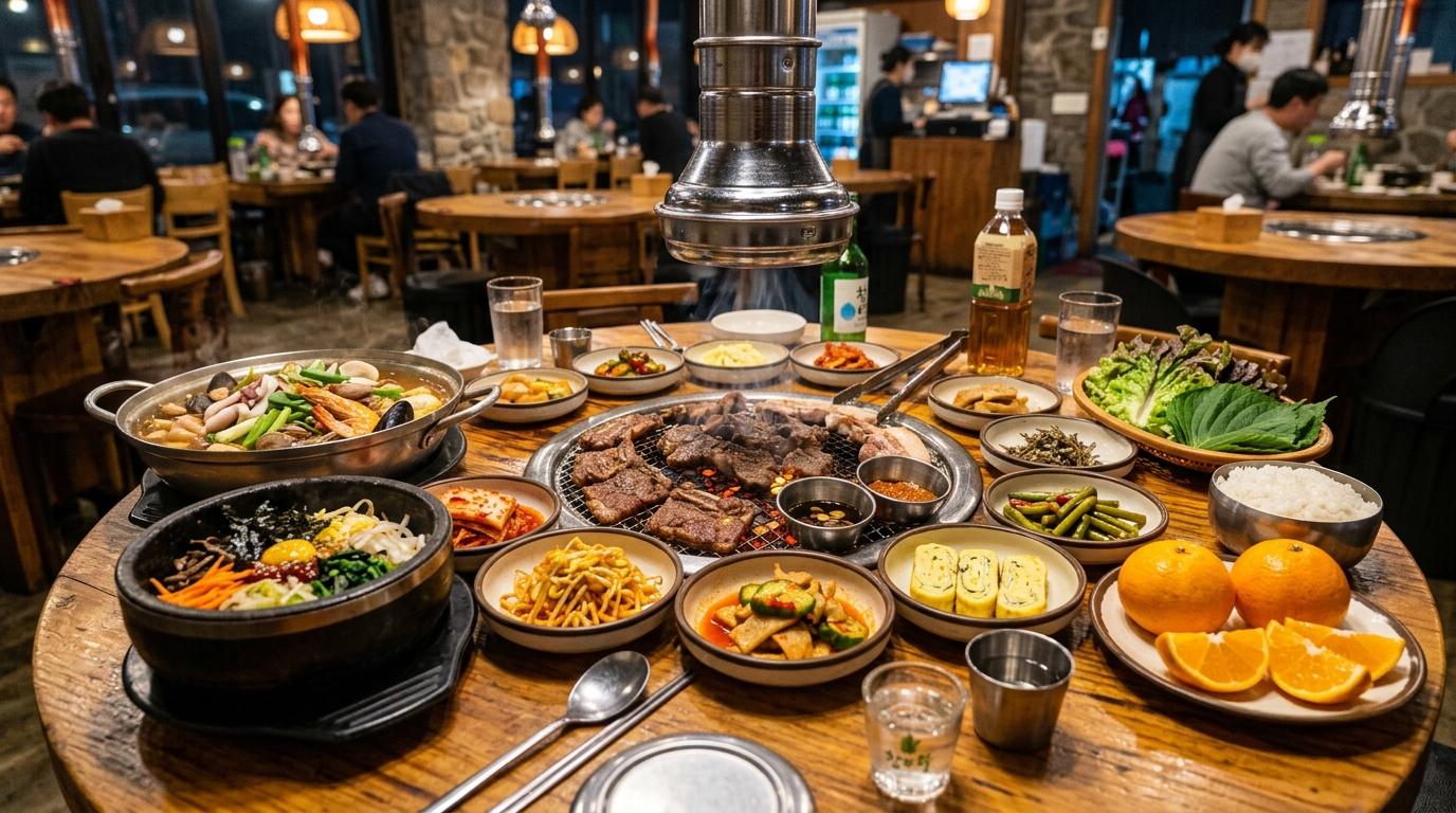 Bright vibrant photorealistic Korean food table with barbecue, seafood, bibimbap, side dishes, tangerines, warm restaurant lighting, no Korean text