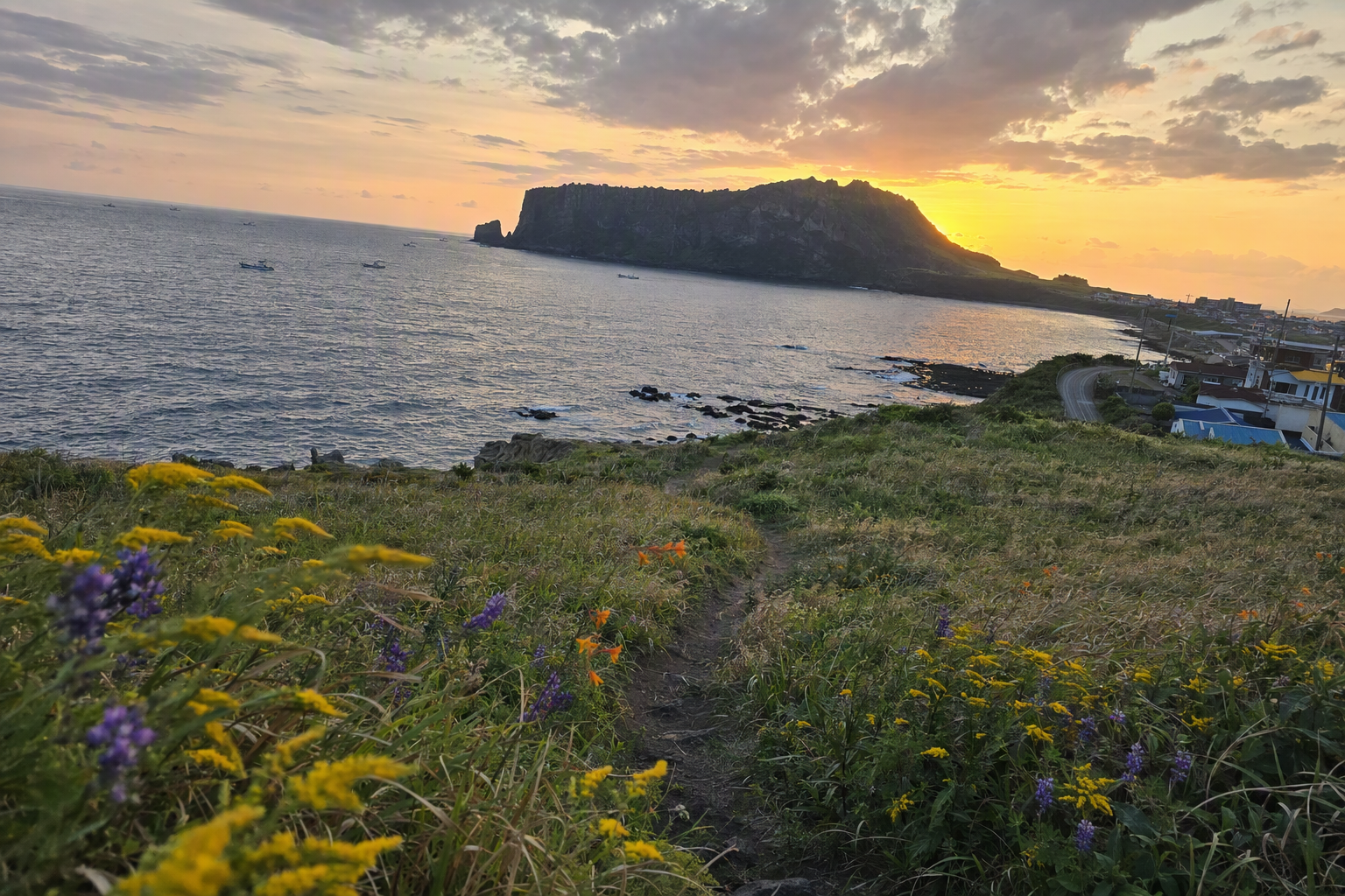 Bright vibrant photorealistic sunrise over Seongsan Ilchulbong volcanic crater in Jeju with ocean, wildflowers, no Korean text