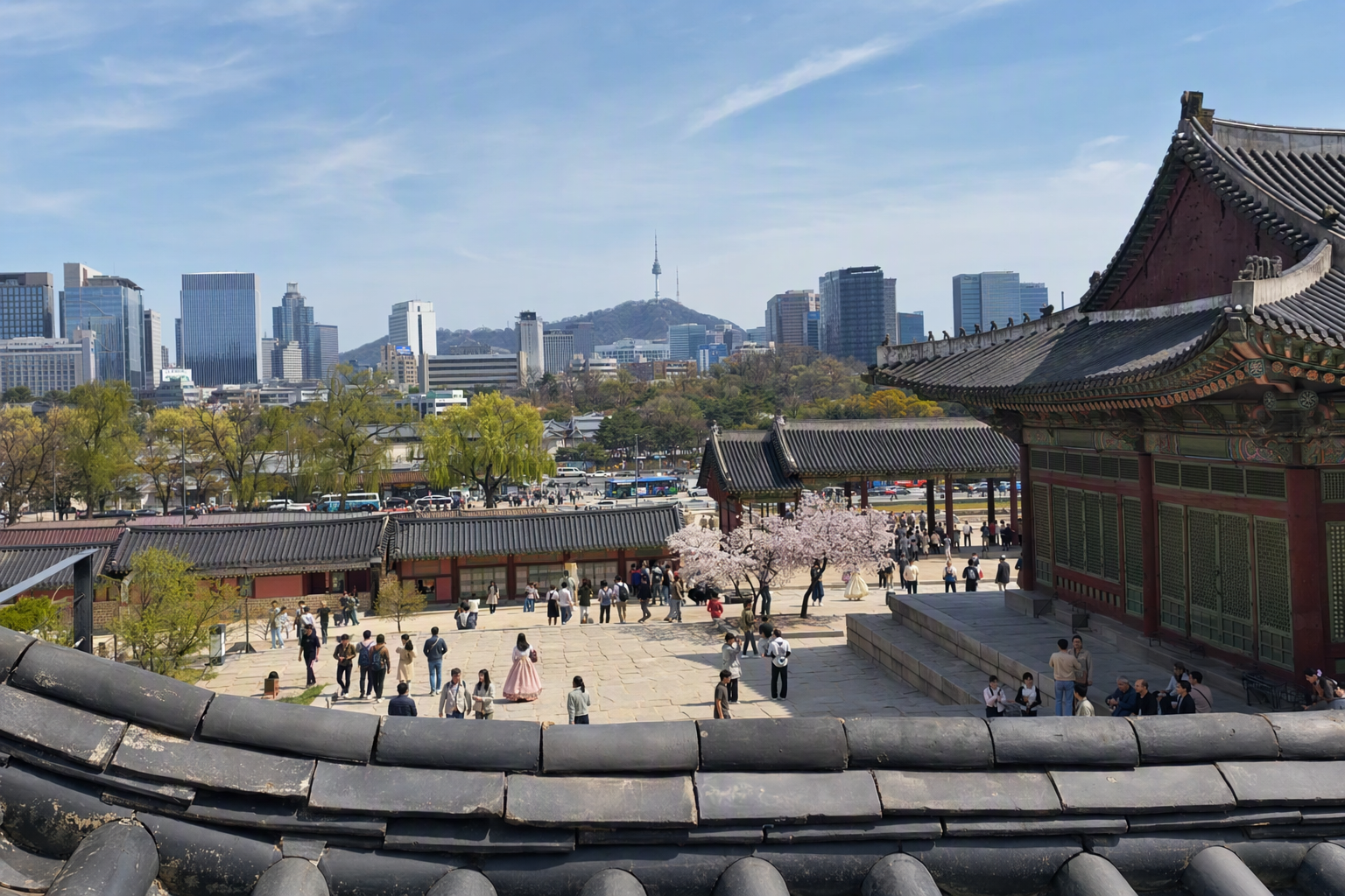Bright vibrant photorealistic view of Seoul palace rooftops with a modern skyline, travelers walking in spring sunlight, no Korean text