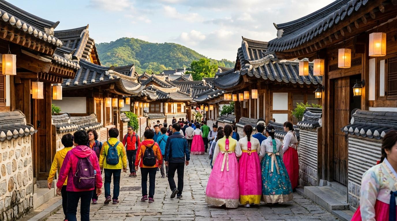 Bright vibrant photorealistic Jeonju Hanok Village street with tiled roofs, warm lanterns, travelers in colorful clothes, no Korean text