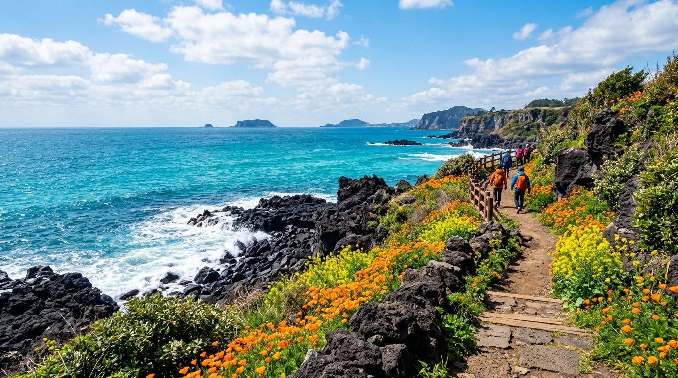 Bright vibrant photorealistic Jeju coastal walking trail with black volcanic rocks, turquoise sea, orange flowers, no Korean text