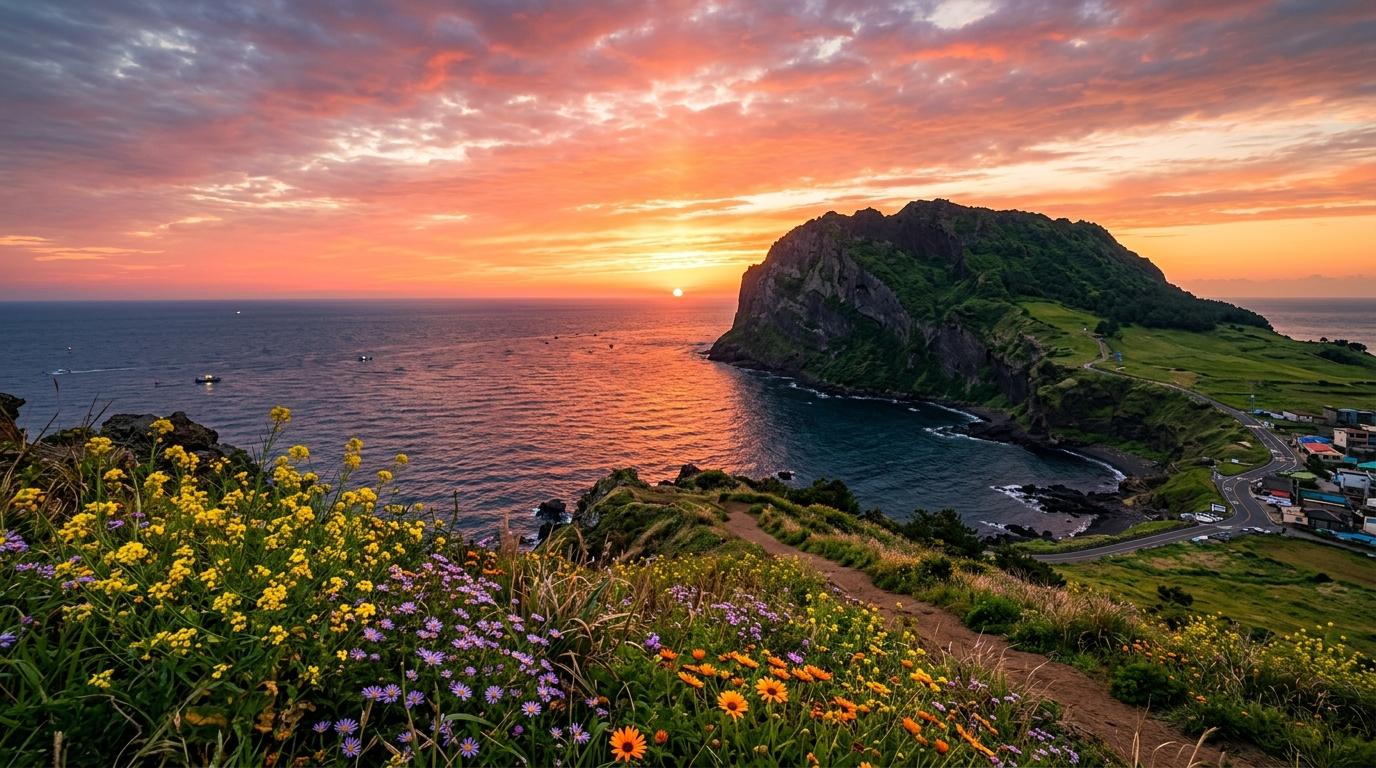 Bright vibrant photorealistic sunrise over Seongsan Ilchulbong volcanic crater in Jeju with ocean, wildflowers, no Korean text