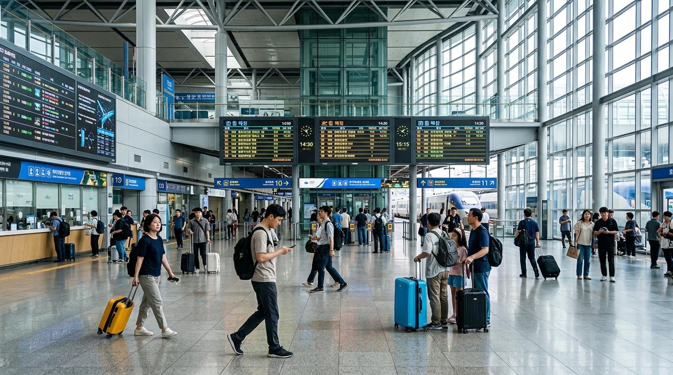 Bright vibrant photorealistic scene of a modern Korean train station with travelers, luggage, digital boards without readable text, no Korean text