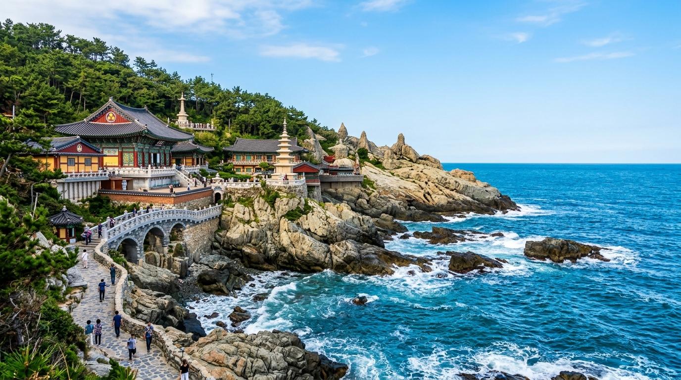 Bright vibrant photorealistic coastal Buddhist temple on rocky cliffs above blue waves near Busan, clear sky, no Korean text