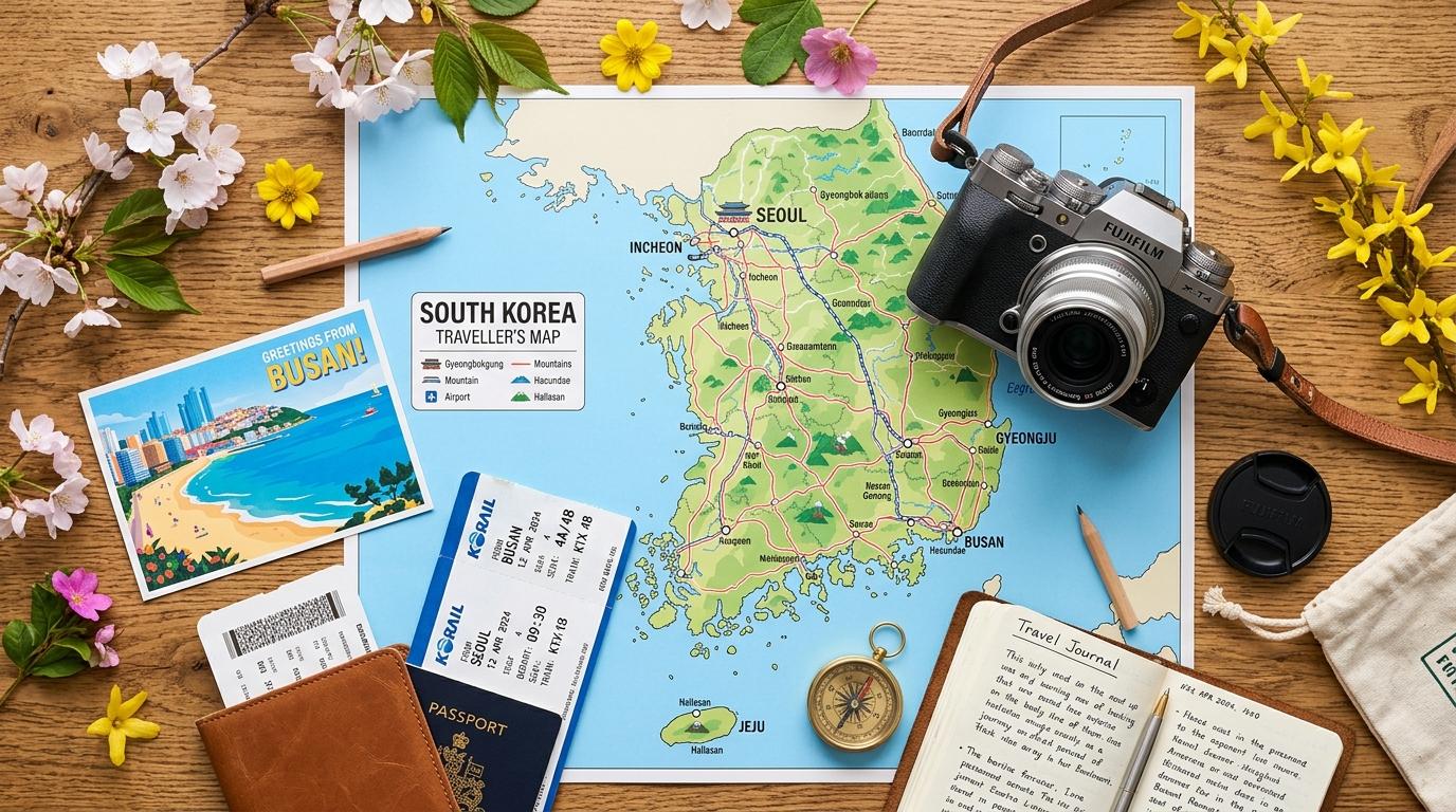 Bright vibrant photorealistic flat lay of a Korea travel map with train tickets, camera, spring flowers, ocean postcard, no Korean text