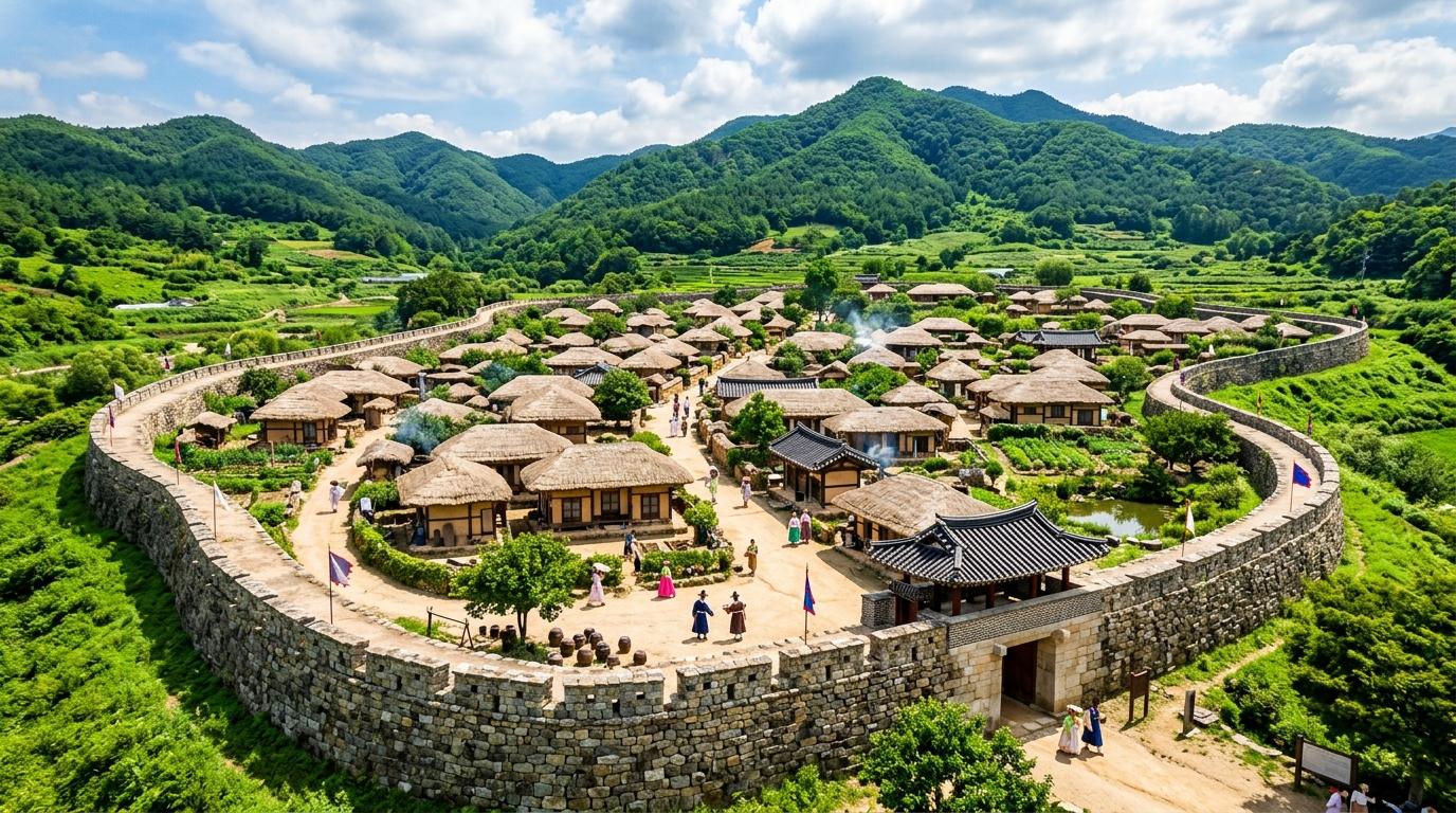 Bright vibrant photorealistic Joseon-era walled village in Suncheon with thatched roofs, stone walls, green hills, no Korean text