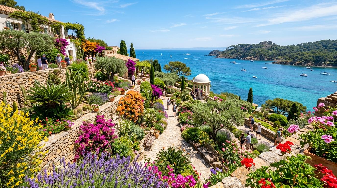 Bright vibrant photorealistic island botanical garden with Mediterranean-style terraces, blue sea, colorful flowers, no Korean text