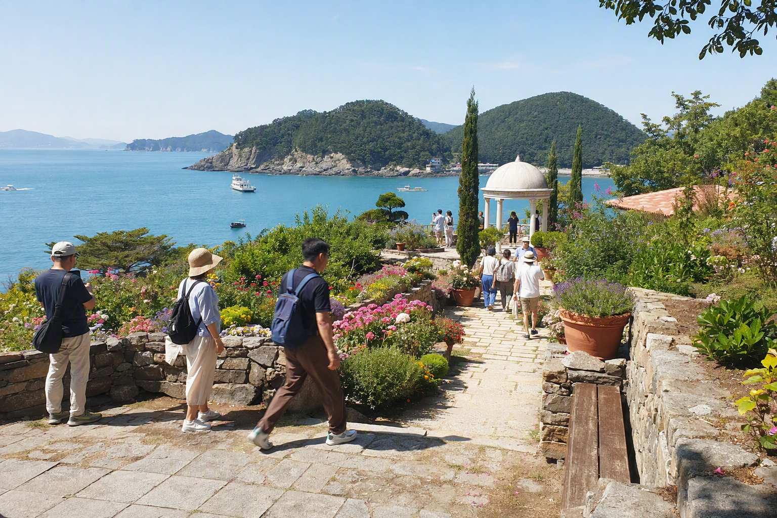 Bright vibrant photorealistic island botanical garden with Mediterranean-style terraces, blue sea, colorful flowers, no Korean text