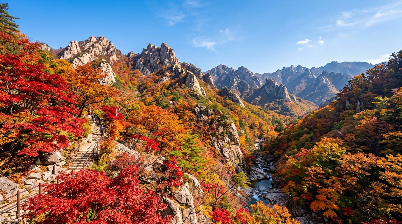 Bright vibrant photorealistic autumn view of Seoraksan mountains with red maple leaves, rocky peaks, clear blue sky, no Korean text