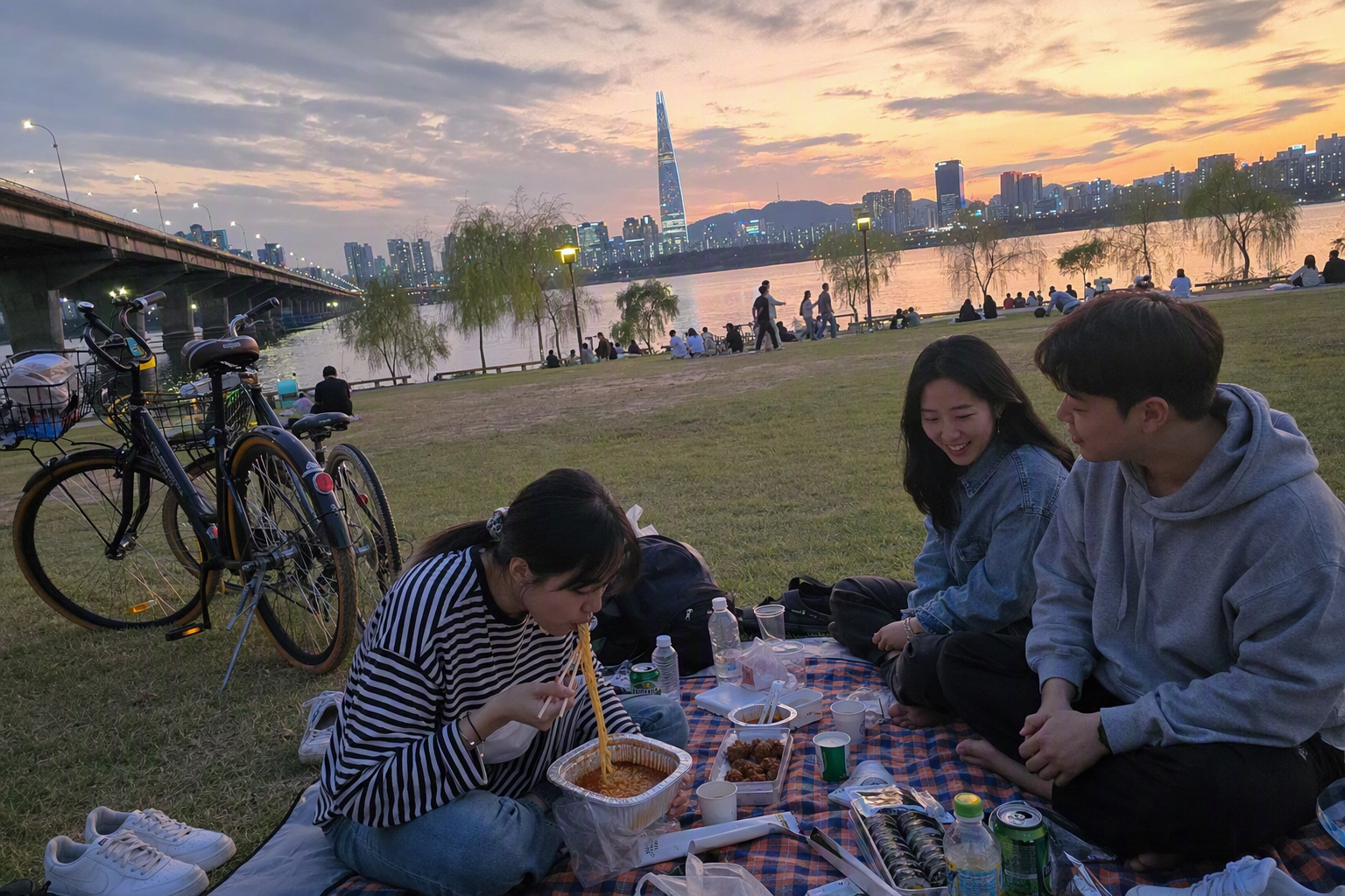 Bright vibrant photorealistic sunset picnic at a Han River park in Seoul with bicycles, city skyline, instant noodles, no Korean text