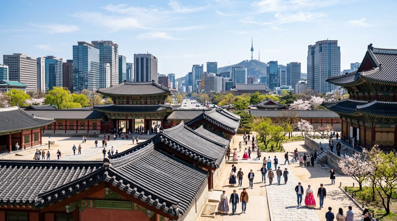 Bright vibrant photorealistic view of Seoul palace rooftops with a modern skyline, travelers walking in spring sunlight, no Korean text
