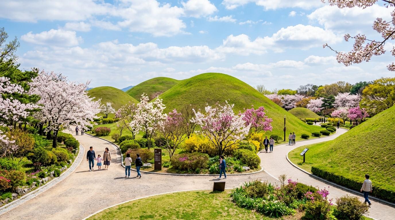 Bright vibrant photorealistic view of Gyeongju royal tombs with green grass, spring blossoms, travelers walking quietly, no Korean text