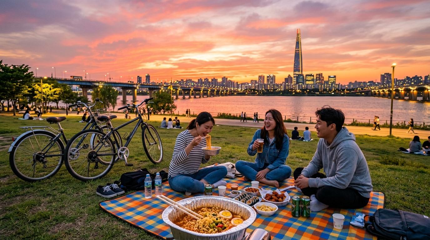 Bright vibrant photorealistic sunset picnic at a Han River park in Seoul with bicycles, city skyline, instant noodles, no Korean text