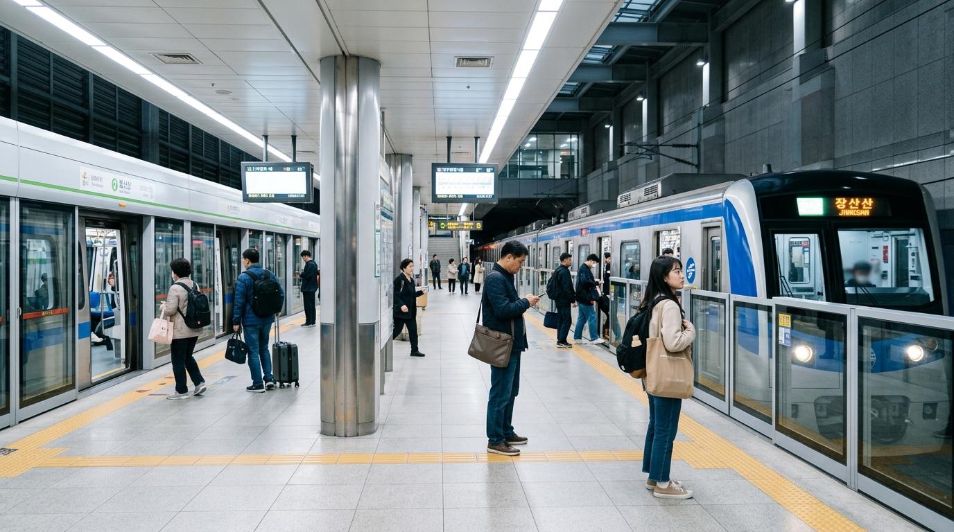 Bright photorealistic Busan subway platform with clean modern trains, travelers holding small bags, bright lighting, organized atmosphere, no visible text
