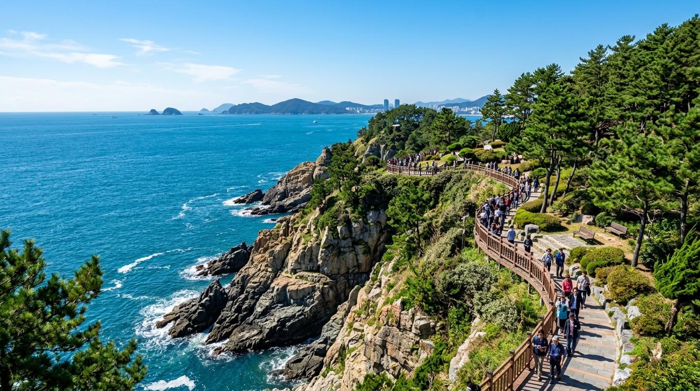 Bright photorealistic coastal cliff park in Busan with deep blue ocean, rocky edges, pine trees, walking path, clear sky, no visible text