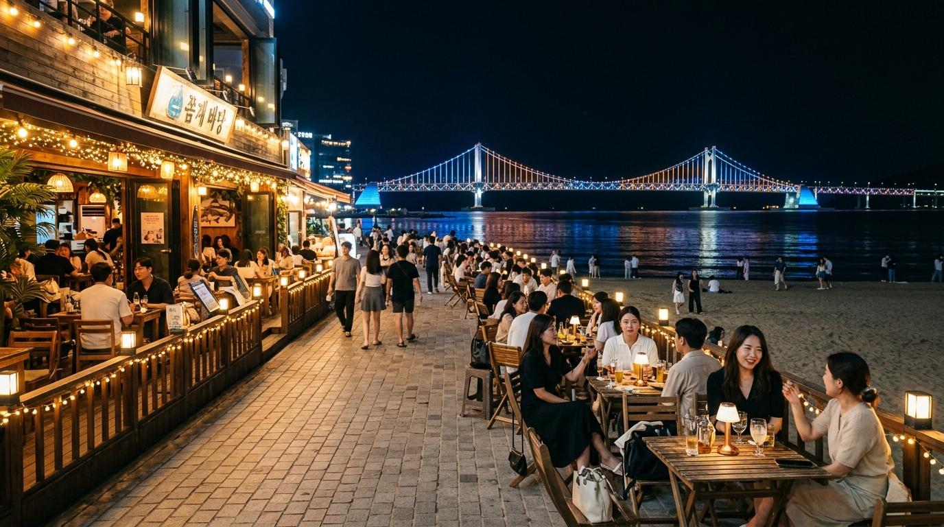 Bright photorealistic beach bar street near Gwangalli at night, glowing bridge across the water, outdoor tables, warm lights, stylish travelers, no visible text