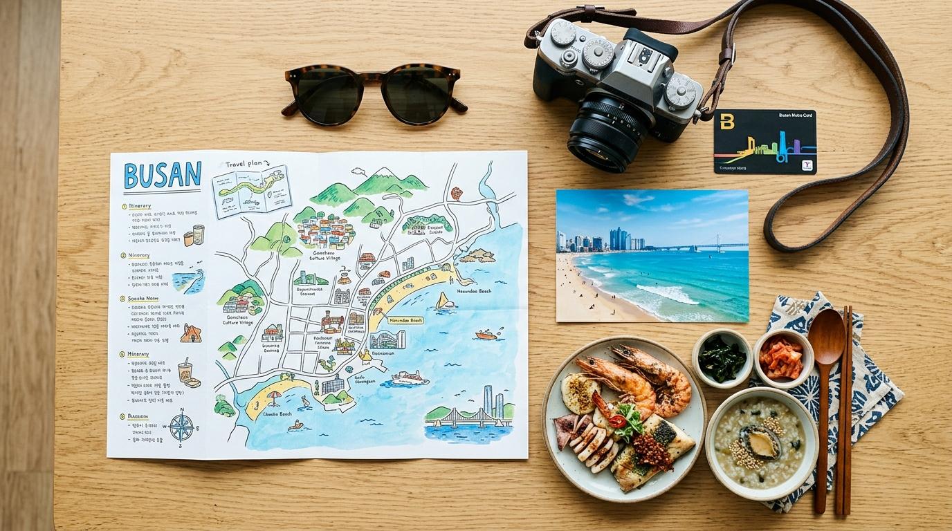 Bright photorealistic flat lay of a Busan travel plan with metro card, sunglasses, seafood meal, beach photo, camera, clean table, no visible text