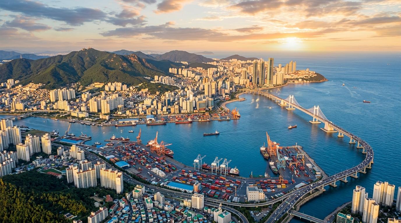 Bright photorealistic aerial view of Busan coastline at sunset, blue sea, harbor cranes, high-rise buildings, green mountains, warm golden light, no visible tex