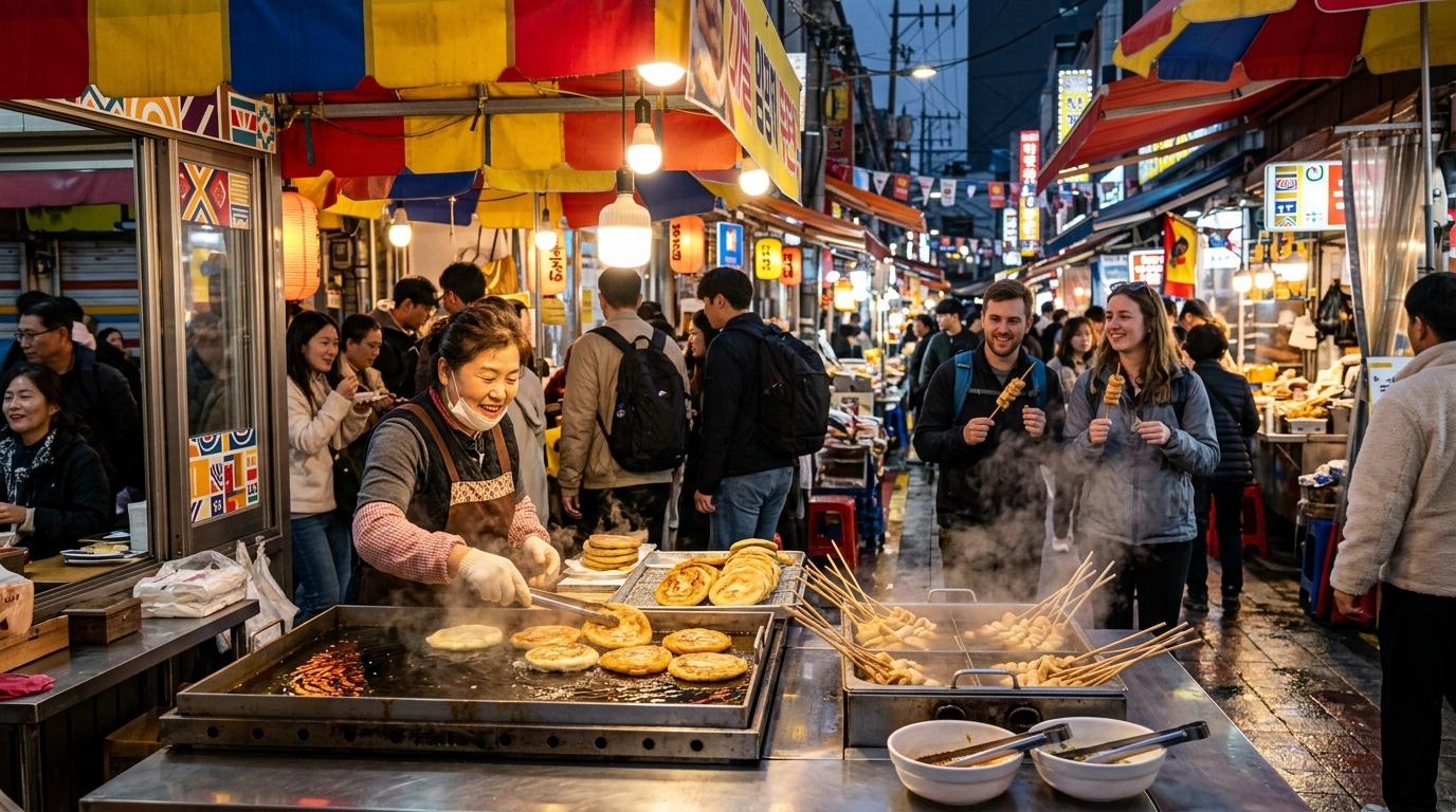 Bright photorealistic Busan street food market with hotteok, fish cake skewers, steam, colorful awnings, evening lights, travelers browsing, no visible text