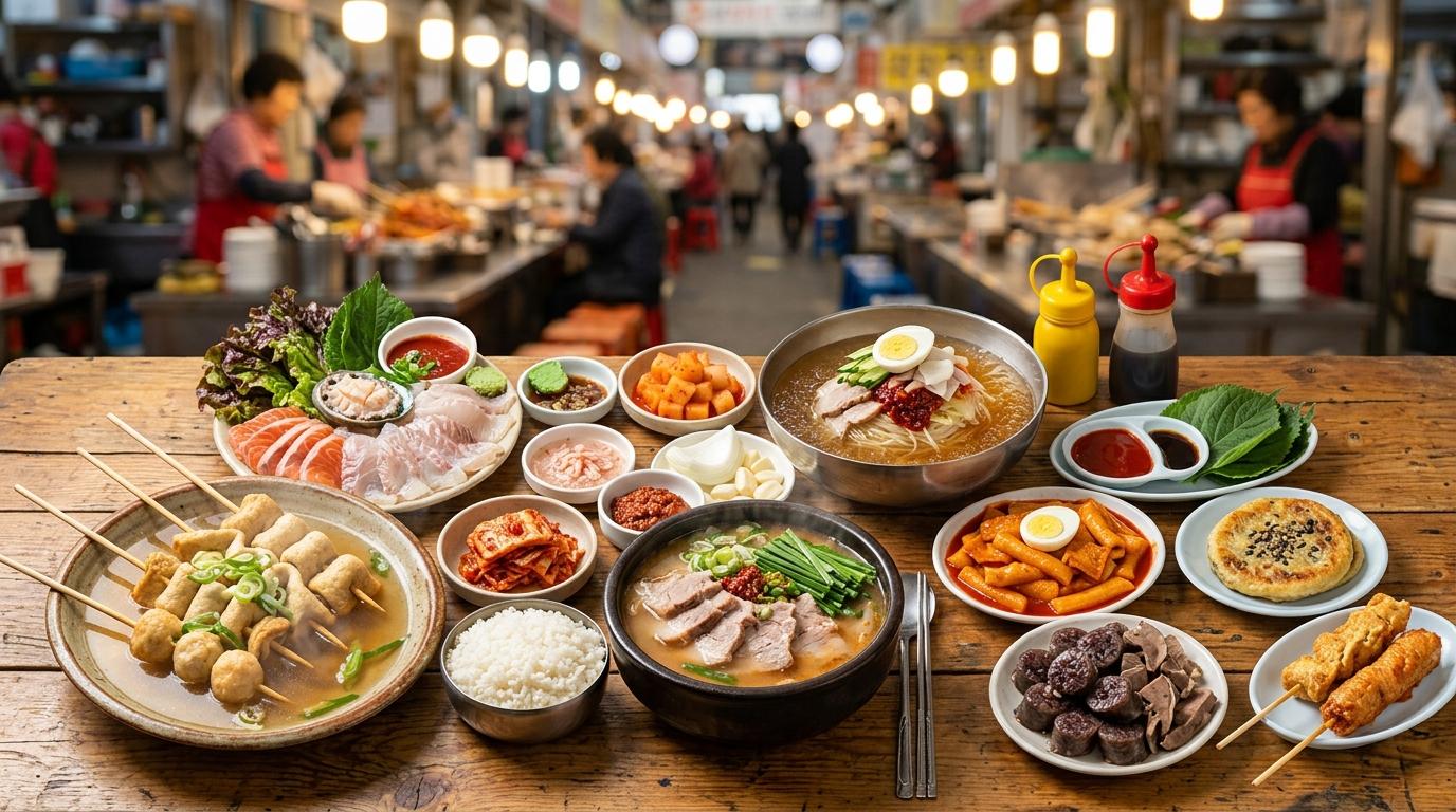 Bright photorealistic table of Busan foods with pork rice soup, cold wheat noodles, fish cake skewers, seafood plates, market snacks, vibrant colors, no visible