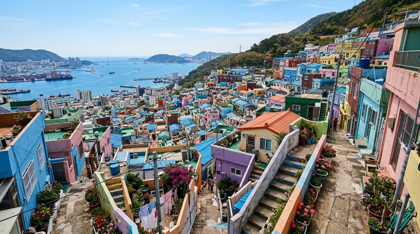 Bright photorealistic hillside village in Busan with colorful small houses, narrow steps, ocean in the distance, clear morning light, no visible text