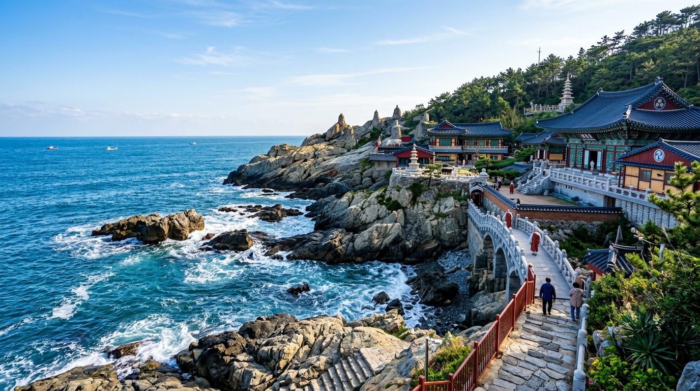 Bright photorealistic seaside temple on rocky coastline near Busan, blue ocean waves, stone steps, morning sun, peaceful atmosphere, no visible text