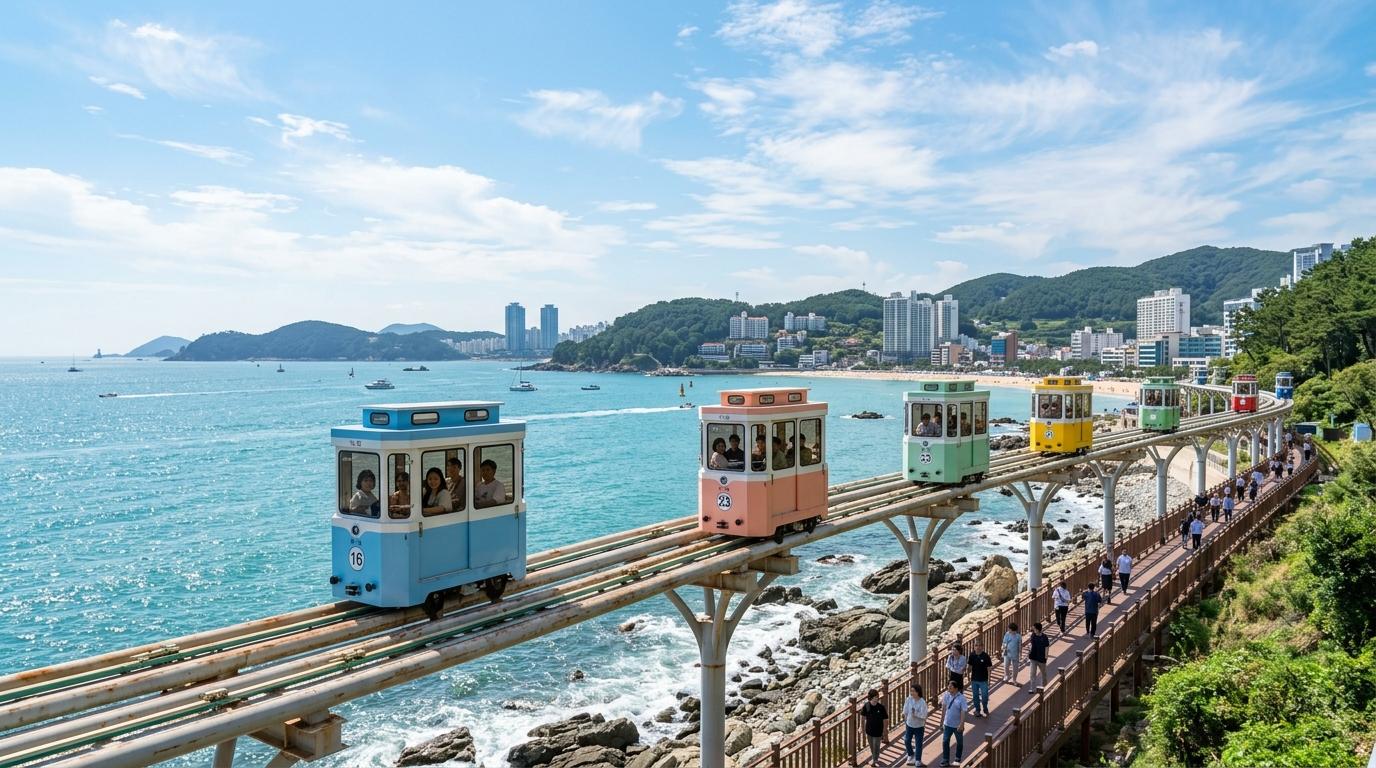 Bright photorealistic pastel sky capsules moving along elevated seaside tracks in Busan, turquoise ocean, sunny day, cheerful travel mood, no visible text
