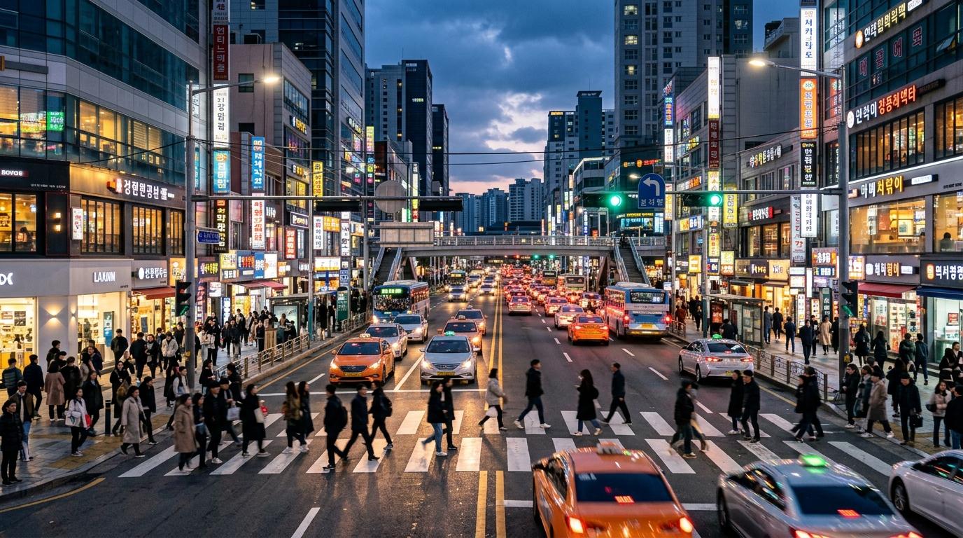 Bright photorealistic street scene in central Busan at blue hour, busy crosswalks, glowing shopfronts, taxis, modern buildings, lively but clean, no visible tex