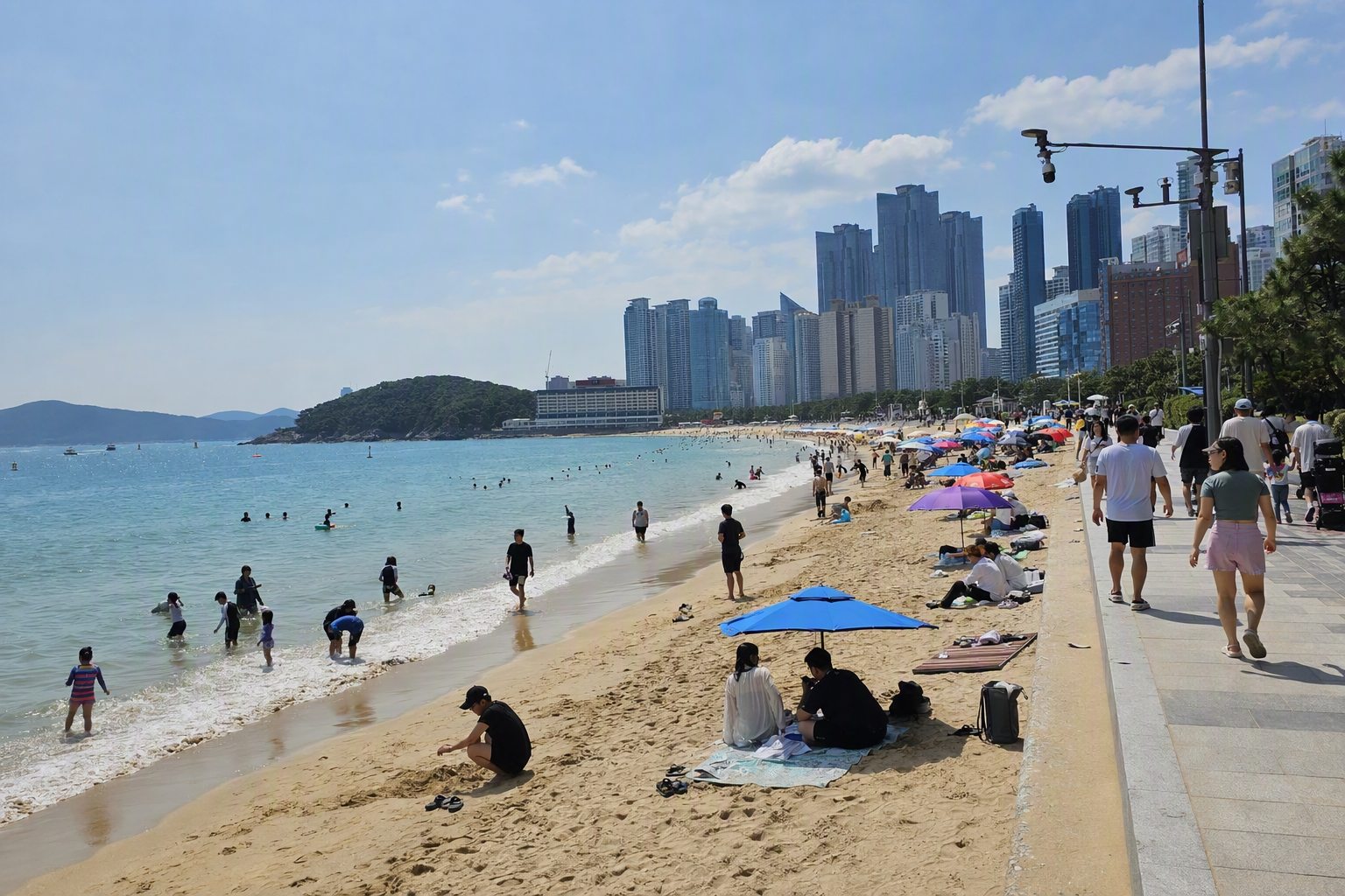 Bright photorealistic view of Haeundae Beach with soft waves, modern towers, people strolling, clear sky, clean sand, vibrant summer colors, no visible text