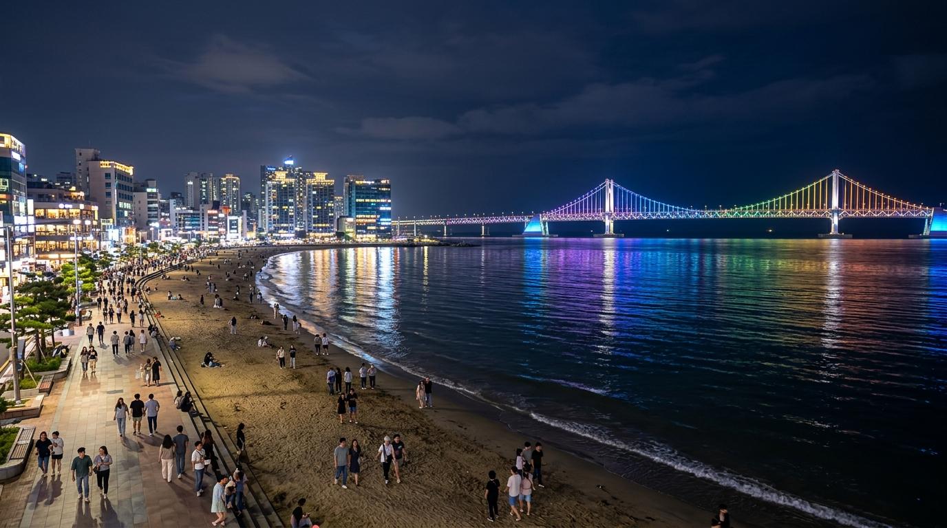 Bright photorealistic night view of Gwangalli Beach with Gwangan Bridge lit in colorful lights, calm water reflections, people walking, no visible text