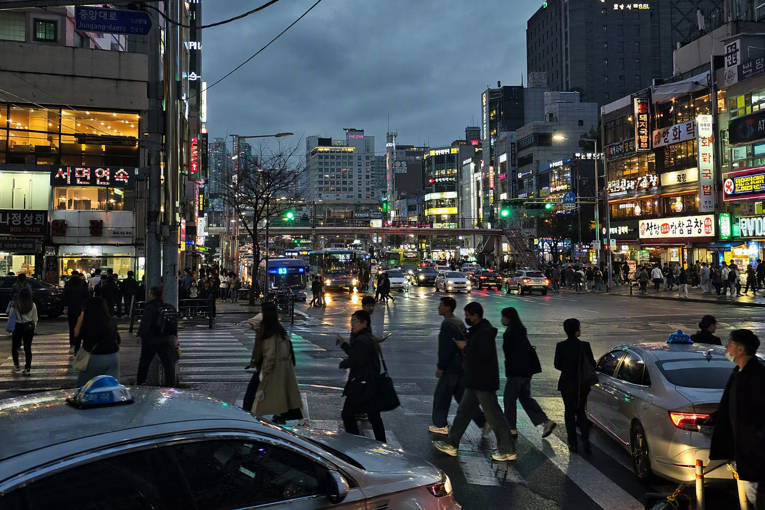 Bright photorealistic street scene in central Busan at blue hour, busy crosswalks, glowing shopfronts, taxis, modern buildings, lively but clean, no visible tex