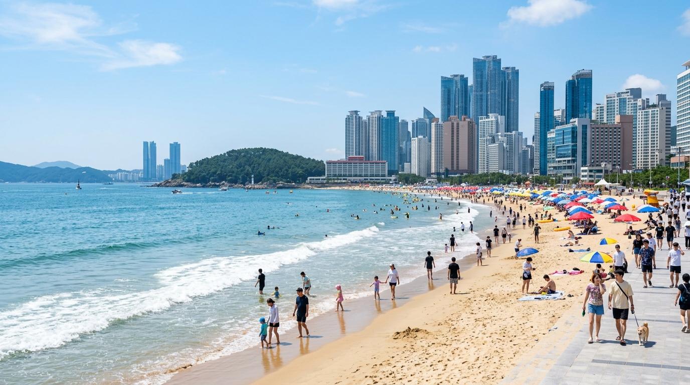 Bright photorealistic view of Haeundae Beach with soft waves, modern towers, people strolling, clear sky, clean sand, vibrant summer colors, no visible text