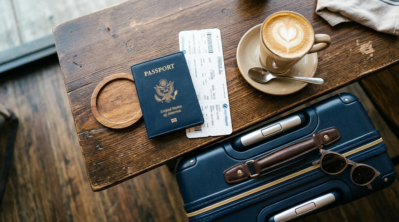 判読できる文字がない搭乗券、スーツケース、コーヒーと一緒に旅行用テーブルに置かれたアメリカのパスポートの、明るいフォトリアルなフラットレイ、判読できるテキストなし