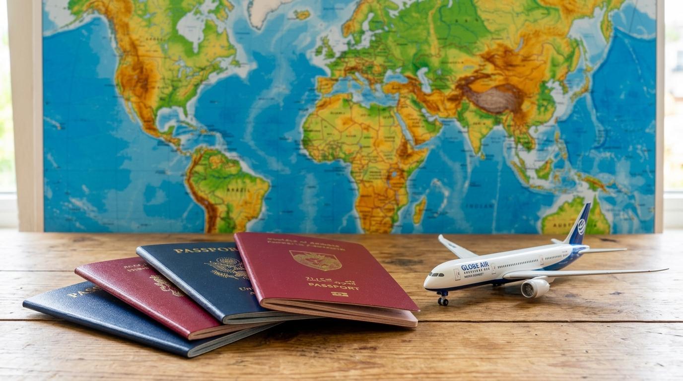 世界地図と飛行機模型の横に置かれた, 紺色と赤色の表紙の現代的な一般的パスポートの明るいフォトリアル画像, 読める文字なし