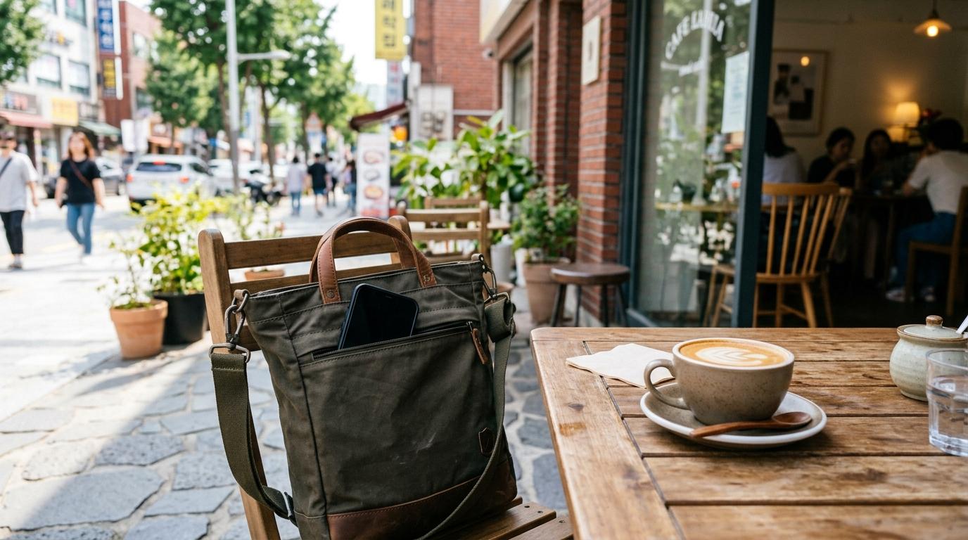 ソウルのカフェのテーブルを写した明るいフォトリアルな写真。しっかり固定できる斜めがけバッグとコーヒーがあり、スマートフォンは安全にしまわれている。読める文字はない