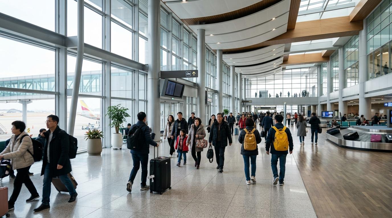 韓国の空港到着ロビーの明るいフォトリアルな写真。荷物を持った旅行者、清潔で現代的な建築、文字が読める案内表示やテキストはなし